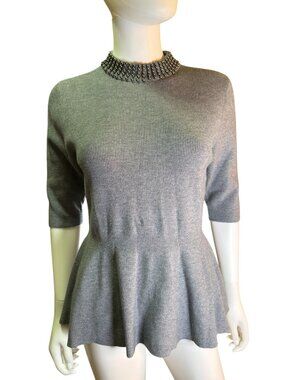La Vila Milano Gray Ribbed Knit Peplum Sweater With Embellished Collar Sz S NWT